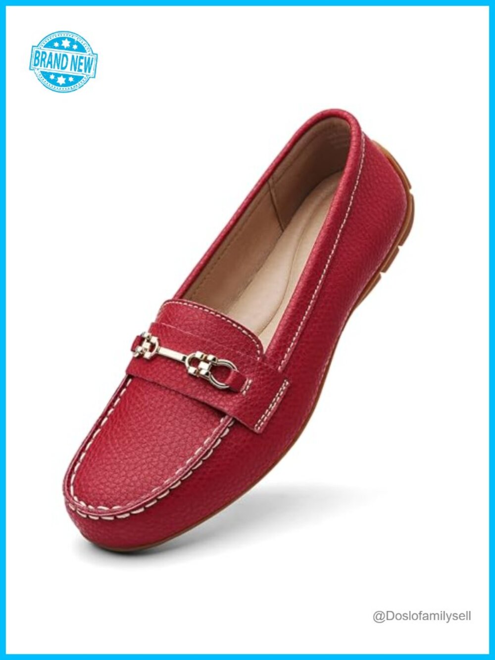 Genuine Leather Slip-On Loafers with Gold Buckle Accent - Comfortable Memory